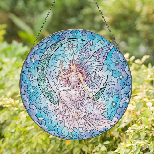 Fairy Butterfly Crescent Moon Celestial Clouds Stars Home Decor Gift for Fantasy Lover Stained Glass Suncatcher