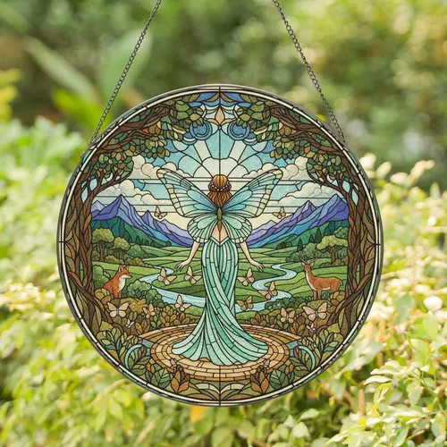 Fairy Butterfly Forest Animals Stained Glass - Fantasy Home Decor Gift for Her Stained Glass Suncatcher