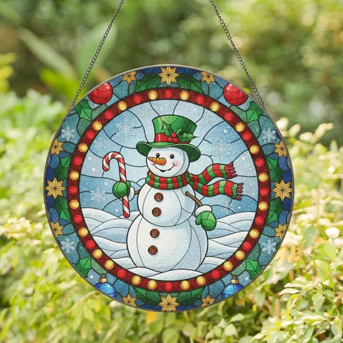 Snowman Holly Berries Candy Cane Christmas Lights - Winter Wonderland Decor Gift Stained Glass Suncatcher