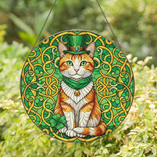 Ginger Cat Leprechaun Hat Clover Irish Knotwork - St. Patrick's Day Gift for Cat Lover Stained Glass Suncatcher