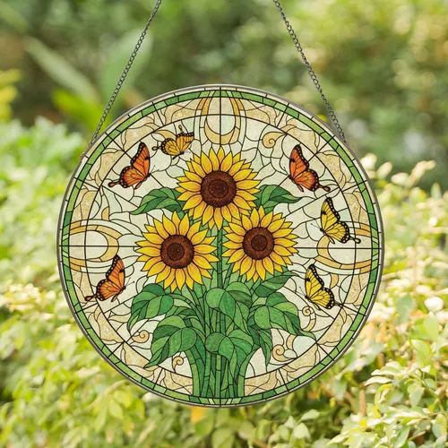 Three Golden Sunflower Butterfly Garden Mosaic - Home Decor Gift for Garden Lover Stained Glass Suncatcher