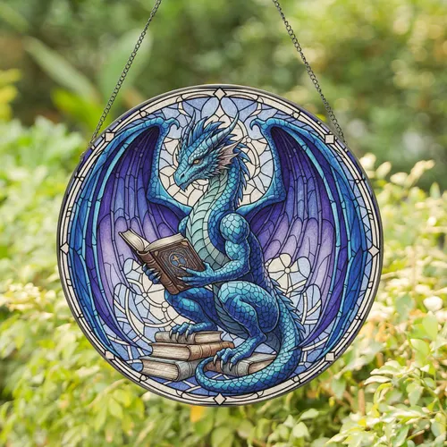 Majestic Scholarly Dragon Reading Ancient Books - Stained Glass Home Decor Gift Stained Glass Suncatcher