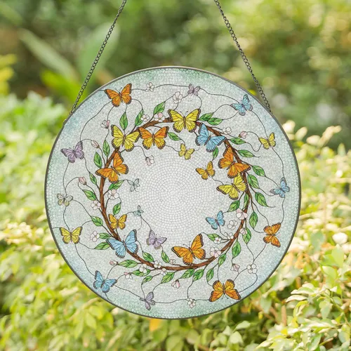 Butterfly Wreath Blooming Flowers - Home Decor Window Gift for Garden Lover Stained Glass Suncatcher