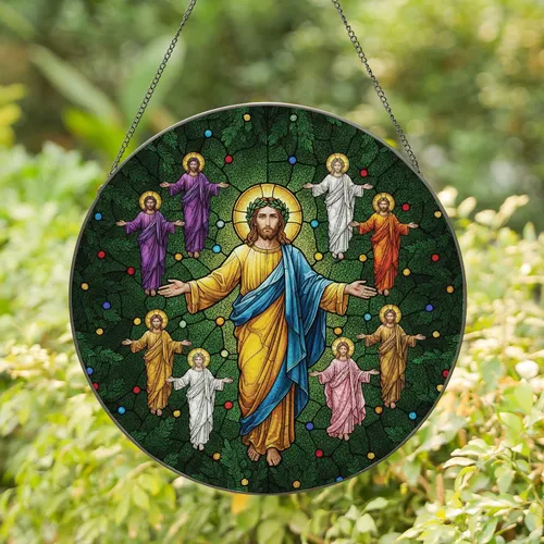 Welcoming Holy Jesus Christ Figures Wreath Evergreen Lead Lines - Home Decor Gift Stained Glass Suncatcher