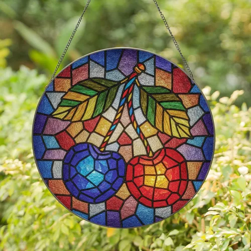 Tiffany Inspired Jewel Glass Stem Cherries Leaves Artwork - Home Decor Gift Stained Glass Suncatcher