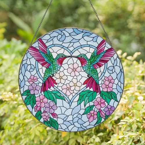 Hummingbirds Facing Heart Blossoms - Home Decor Gift for Wildlife Lovers Stained Glass Suncatcher