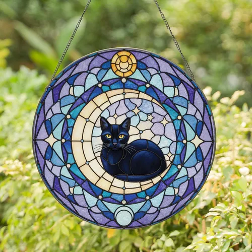Black Cat Crescent Moon Celestial Mosaic - Home Decor Gift for Cat Lover Stained Glass Suncatcher