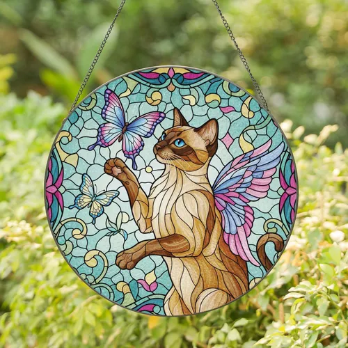 Siamese Cat Butterfly Floral Mosaic Stained Glass - Home Decor Gift for Cat Lover Stained Glass Suncatcher