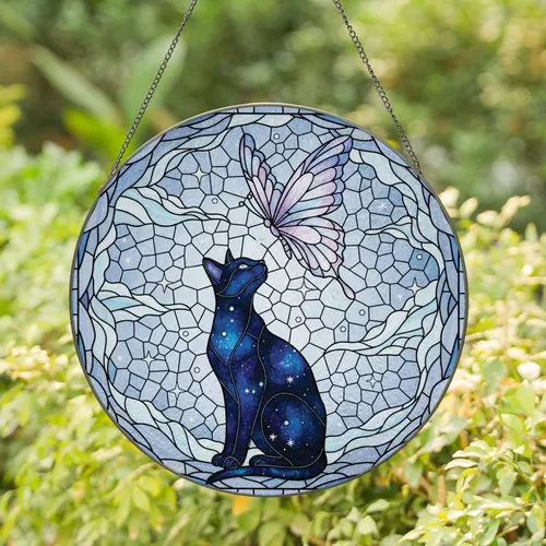 Black Cat Galaxy Butterfly Stars Clouds - Window Decor Gift for Cat Lovers & Butterfly Lovers Stained Glass Suncatcher