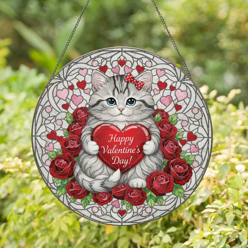 Fluffy Kitten Ruby Heart Roses - Valentine's Day Gift for Cat Lover Stained Glass Suncatcher