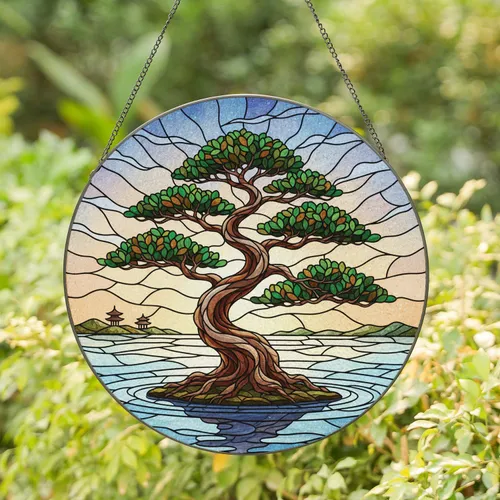 Ancient Japanese Bonsai Tree Gnarled Trunk Water Garden - Home Decor Gift for Plant Lovers Stained Glass Suncatcher