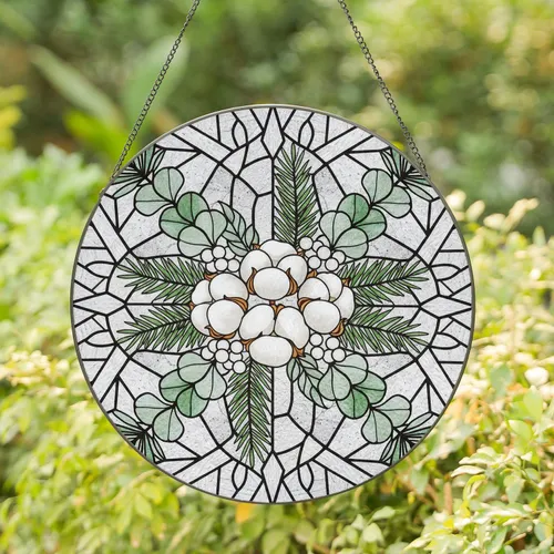 White Cotton Bolls Eucalyptus Pine Berries Organic Garland - Home Decor Gift Stained Glass Suncatcher