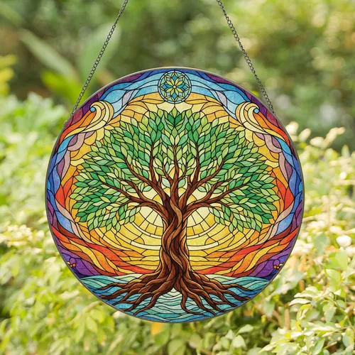 Tree of Life Sunburst Roots Canopy Earth Sky Floral Mandala - Home Decor Gift Stained Glass Suncatcher