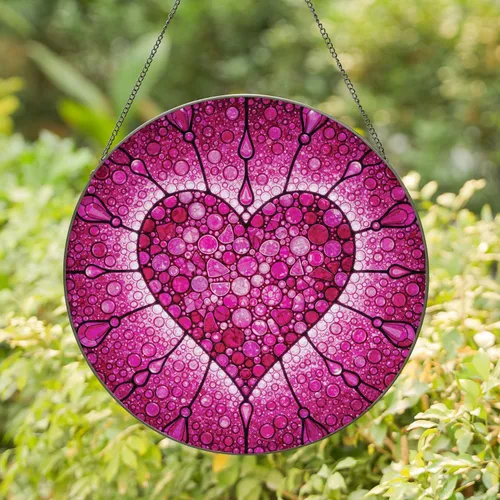 Deep Pink Magenta Multi-Sized Translucent Glass Fragment Heart Mosaic - Home Decor Gift Stained Glass Suncatcher