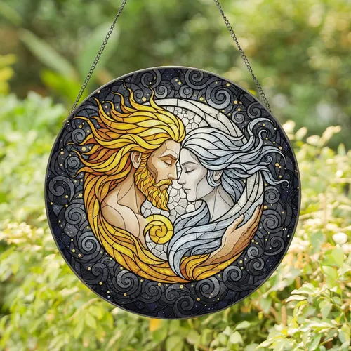 Cosmic Sun Moon Couple Embrace Starry Night Sky - Home Decor Gift Stained Glass Suncatcher