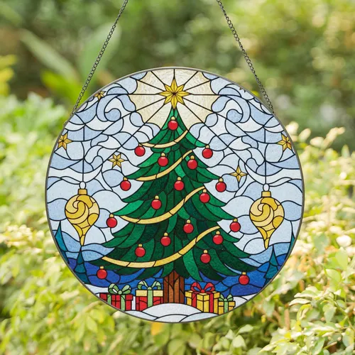 Christmas Tree Golden Ornaments Star Gift Boxes Winter Snow - Holiday Home Decor Gift Stained Glass Suncatcher