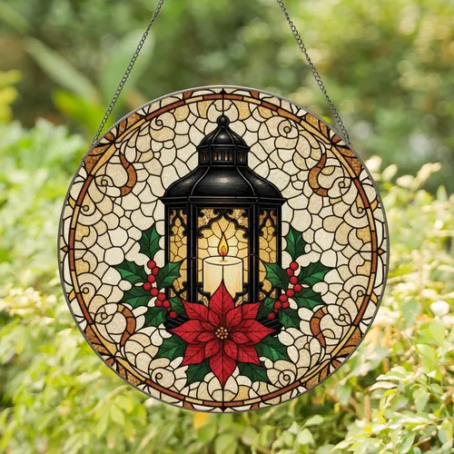 Lantern Poinsettia Holly Candle - Christmas Home Decor Gift Stained Glass Suncatcher