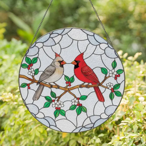 Cardinal Birds Branch Green Leaves Red Berries Blossoms - Bird Lovers Home Decor Gift Stained Glass Suncatcher