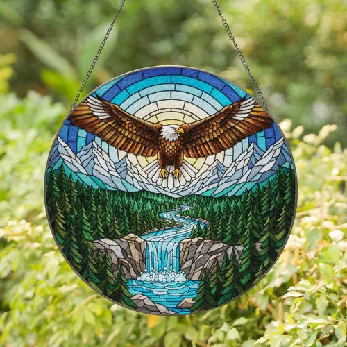 Bald Eagle Powerful Outstretched Wings Soaring Mountain Forest River - Wildlife Lover Gift Stained Glass Suncatcher