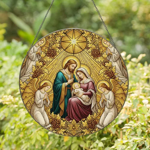 Joseph Mary Cradling Infant Jesus Nativity Angels Star Wreath - Christmas Decor Gift Stained Glass Suncatcher