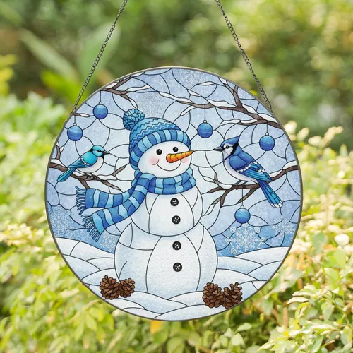 Snowman Blue Jay Birds Pinecones Snowflake Winter Landscape - Christmas Home Decor Gift Stained Glass Suncatcher
