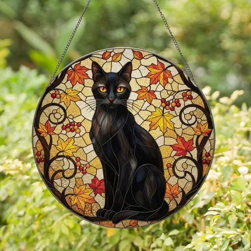 Black Cat Maple Leaves Autumn Berries - Home Decor Gift for Cat Lover Stained Glass Suncatcher
