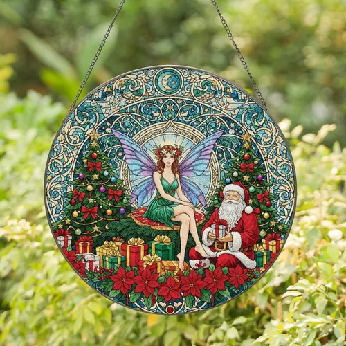 Fairy Santa Claus Christmas Trees Poinsettias Evergreen Presents - Christmas Gift Stained Glass Suncatcher