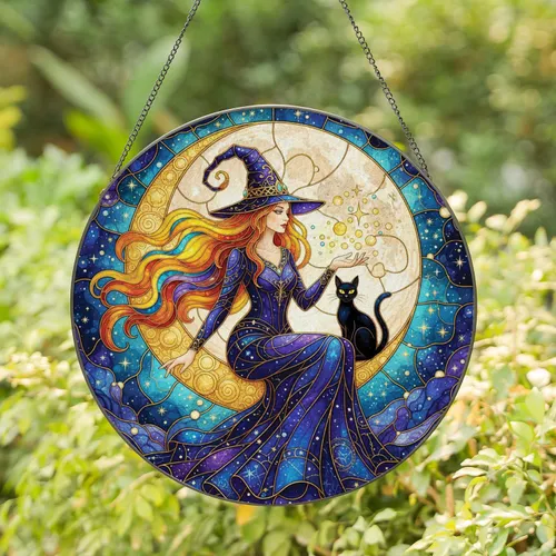 Mystical Witch Black Cat Crescent Moon Stars - Home Decor Gift for Witch Lover Stained Glass Suncatcher