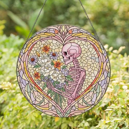 Pink Skeleton Peony Lily Coneflower Bouquet Heart Shaped Frame - Home Decor Gift Stained Glass Suncatcher