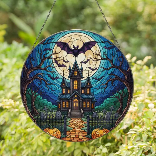 Haunted Mansion Full Moon Bats Jack-o'-Lanterns Graveyard - Halloween Decor Gift for Horror Lover Stained Glass Suncatcher