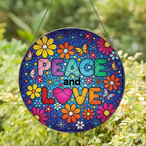 PEACE LOVE Rounded Bubble Letters Flowers Butterflies Polka Dots Starbursts - Home Decor Gift Stained Glass Suncatcher