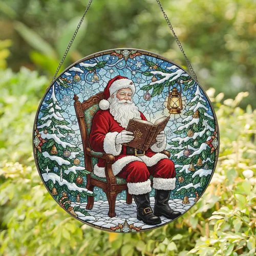 Santa Claus Reading Book Evergreen Snowflakes - Christmas Holiday Decor for Book Lovers Stained Glass Suncatcher