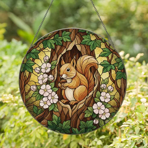 Fluffy Squirrel Acorn Tree Log Flowers - Woodland Home Decor Gift for Wildlife Lover Stained Glass Suncatcher