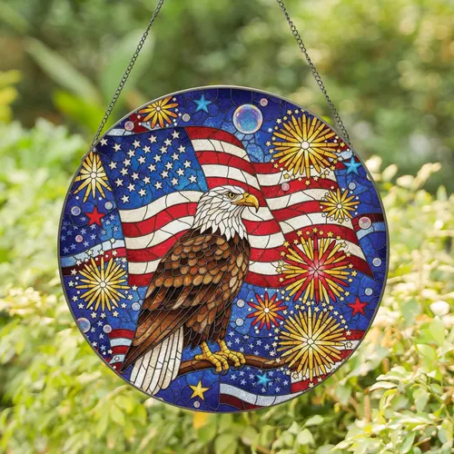 Bald Eagle American Flag Fireworks - Independence Day Gift for Veterans Stained Glass Suncatcher