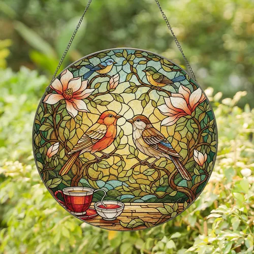Conversing Birds Magnolia Bloom - Home Decor Gift for Bird Lovers Stained Glass Suncatcher