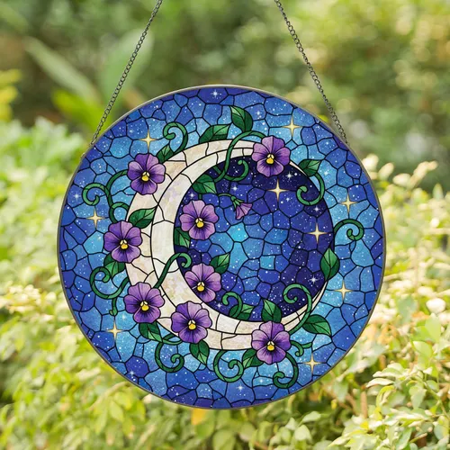 Crescent Moon Starry Sky Viola Flowers - Home Decor Gift for Stargazer Stained Glass Suncatcher