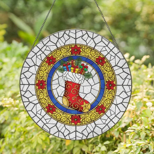 Rich Red Golden Christmas Stocking Holly Presents Poinsettia Floral Border - Christmas Gift Stained Glass Suncatcher