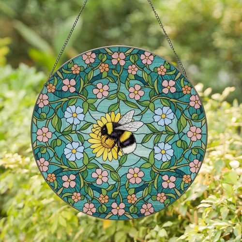 Bumblebee Yellow Daisy Stained Glass Botanical - Home Decor Gift for Garden Lover Stained Glass Suncatcher