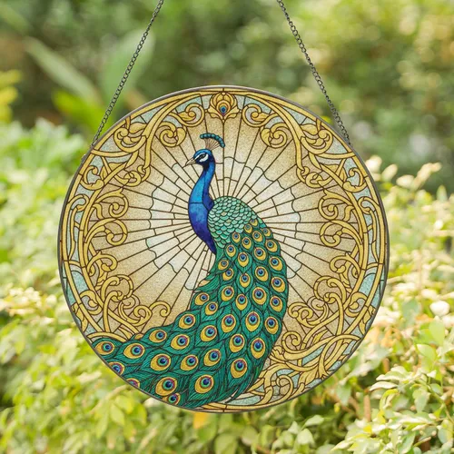 Peacock Luminous Stained Glass Fanned Tail - Home Decor Gift for Wildlife Lover Stained Glass Suncatcher