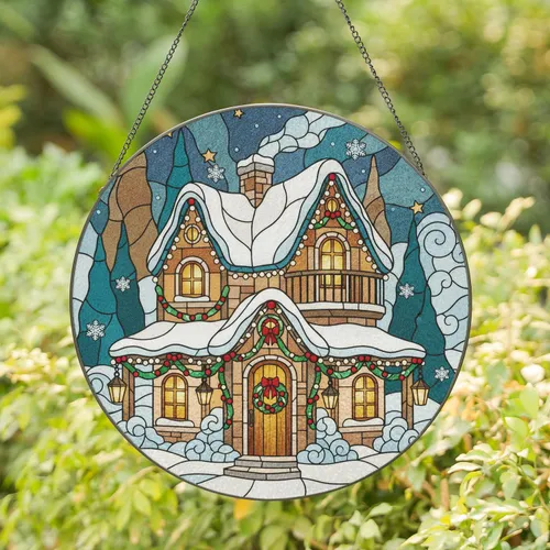 Festive Christmas Cottage Winter Scene Snowfall Stars - Christmas Home Decor Gift Stained Glass Suncatcher