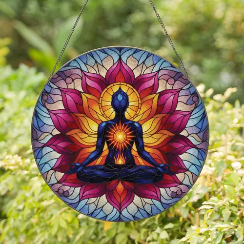 Lotus Meditating Figure Sunburst - Yoga Gift for Meditation Lover Stained Glass Suncatcher