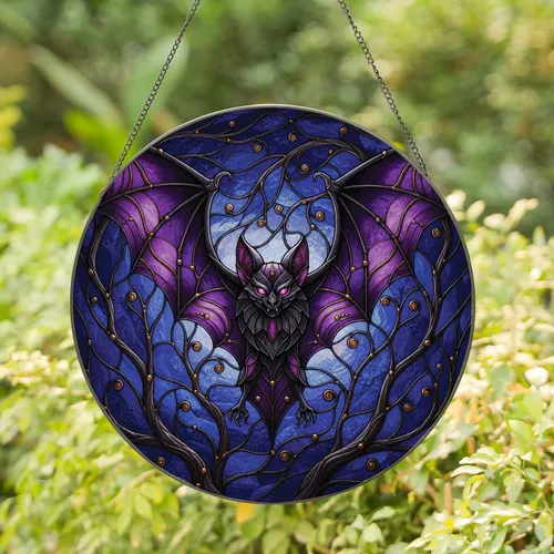 Gothic Bat Thorny Vines Gnarled Branches Glowing Eyes - Home Decor Gift for Bat Lover Stained Glass Suncatcher