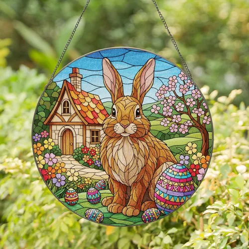 Fluffy Brown Easter Bunny Mosaic Egg Spring Landscape - Easter Home Decor Gift Stained Glass Suncatcher