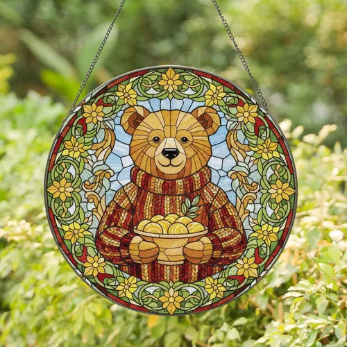 Bear with Golden Pastries Floral Mosaic Wreath - Home Decor Gift for Bear Lover Stained Glass Suncatcher
