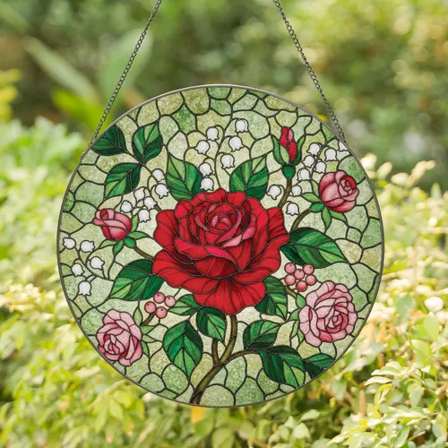 Red Rose Rosebuds Leaves Bell Flowers - Home Decor Gift for Garden Lover Stained Glass Suncatcher