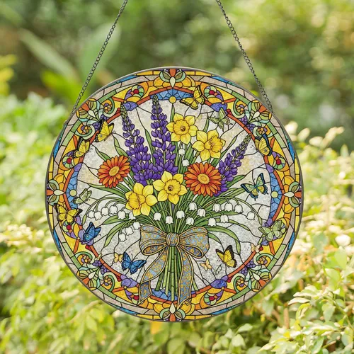 Daffodil Lupine Gerbera Lily Bouquet Butterflies Stained Glass - Home Decor Gift for Garden Lover Stained Glass Suncatcher