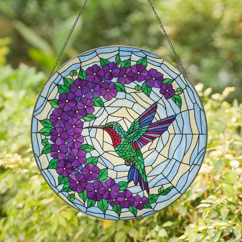 Hummingbird Purple Flower Garland Emerald Leaf Mosaic - Home Decor Gift Stained Glass Suncatcher