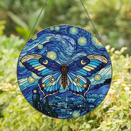Moth Butterfly Starry Night Celestial - Home Decor Gift for Moth Lover Stained Glass Suncatcher