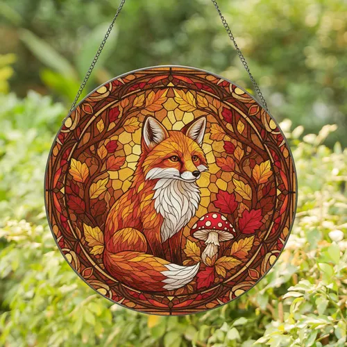 Red Fox Autumn Leaves Mushroom Decorative Border - Fall Decor Gift for Fox Lover Stained Glass Suncatcher