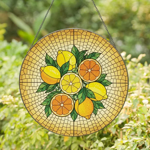 Whole Lemon Orange Fruit Slices Green Leaves Cluster - Kitchen Decor Gift for Citrus Lover Stained Glass Suncatcher